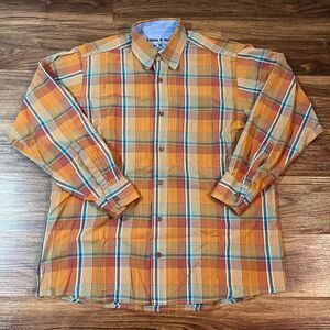 Lemon and Soda Mens M Casual Plaid Long Sleeve Cotton Button Down Shirt Orange